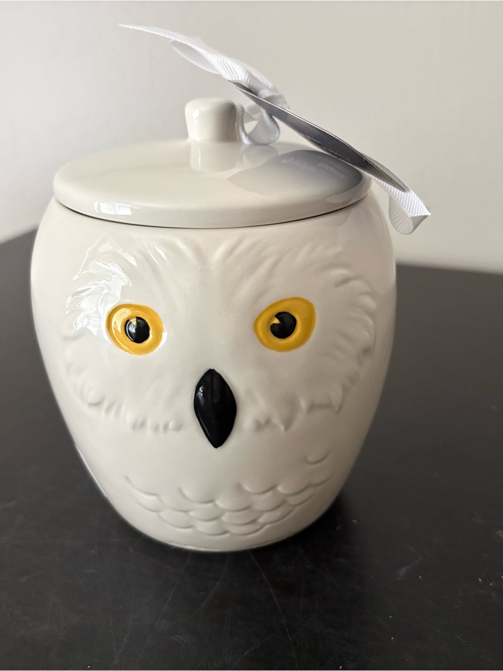 Rae Dunn Ceramic Owl Jar in White with Yellow Eyes and Black Beak